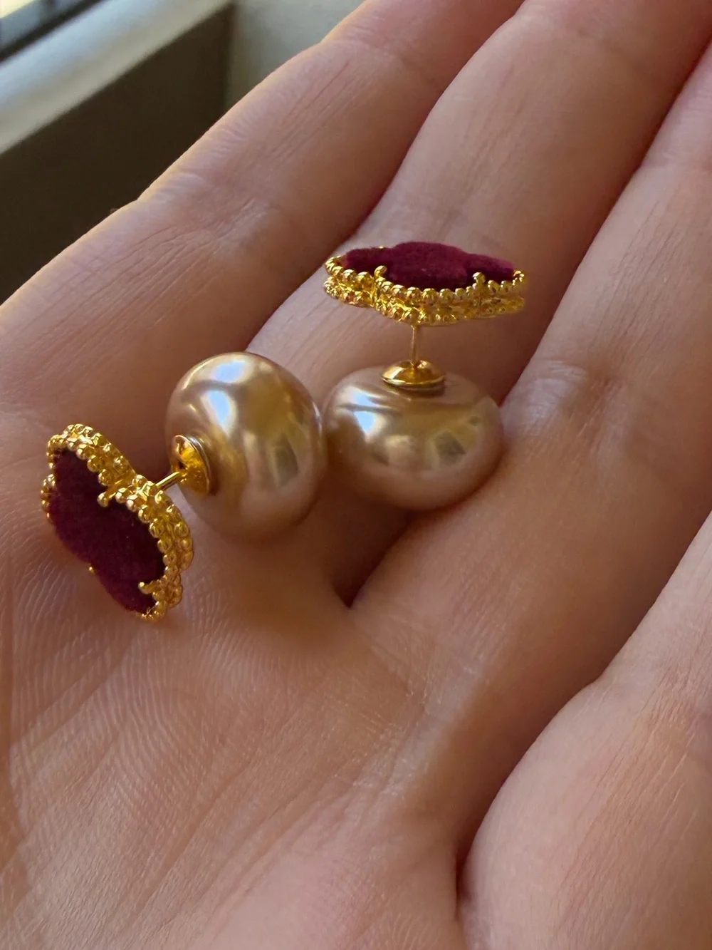 Burgundy Velvet Clover & Pearl Reversible Stud Clover Earrings